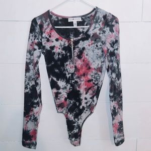 Pink, black, and gray tye die long sleeve bodysuit